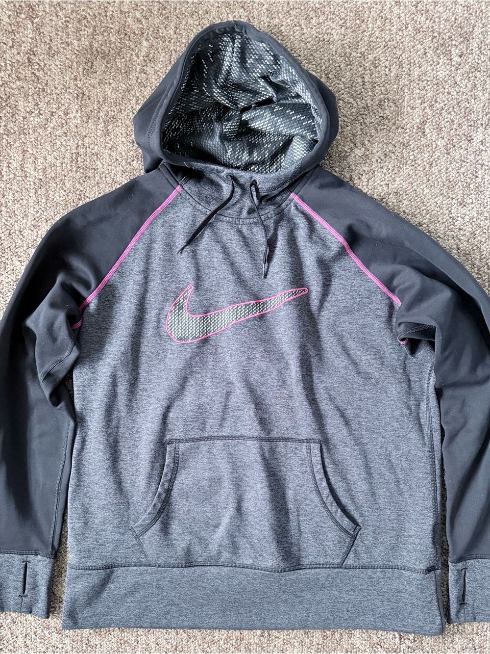 Nike Grey Hoodie with Black Sleeves and Pink Trim